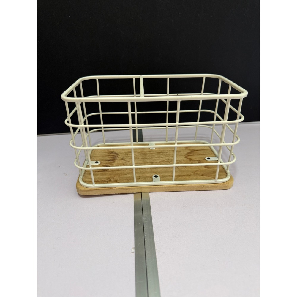 Small White Coated Wire Storage Basket Wood Base Farmhouse Organizer
